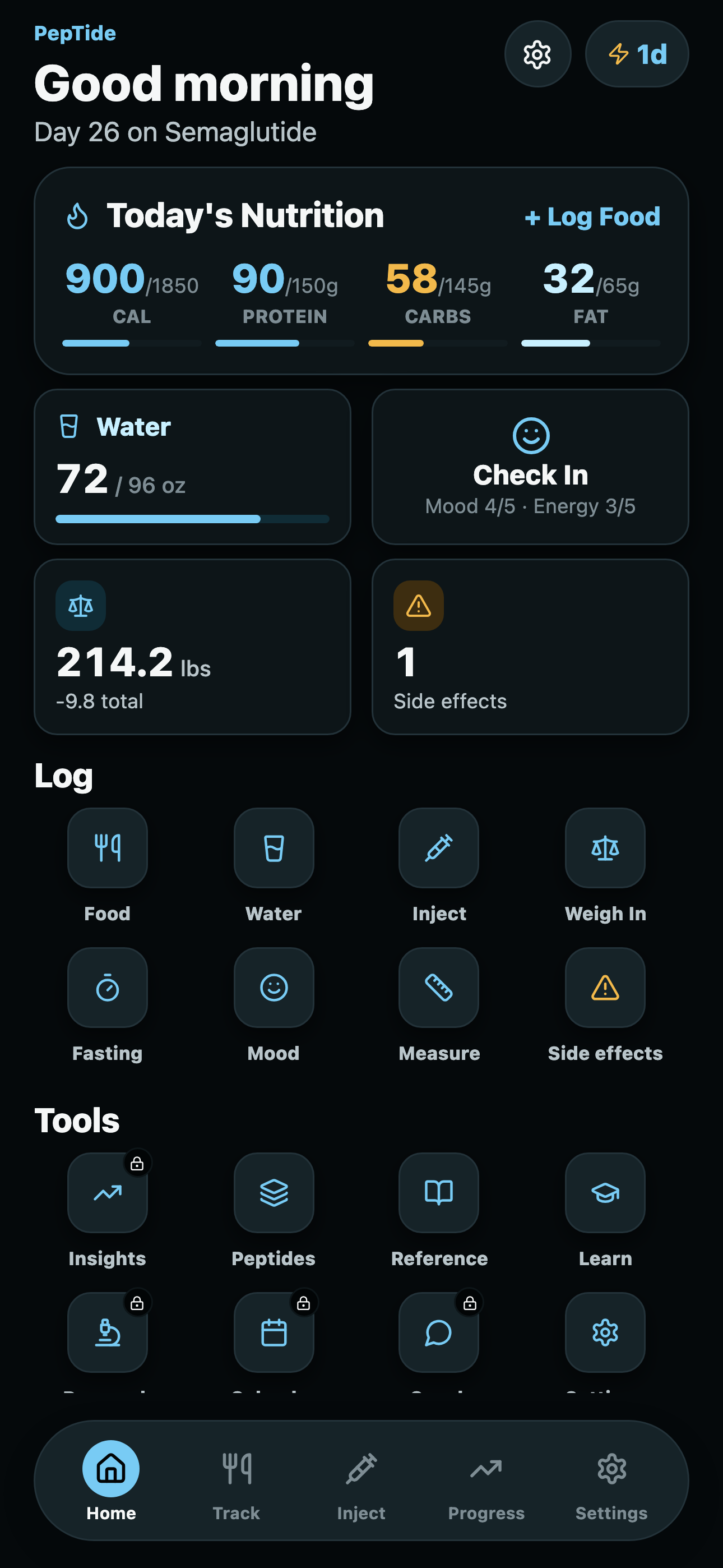 PepTide home screen with quick logging actions